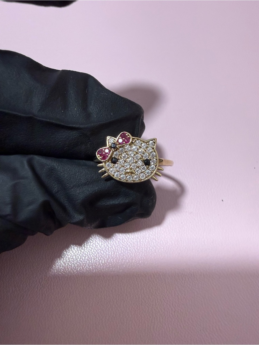 Hello Kitty Gold-Tone Crystal Face Ring with Pink Bow